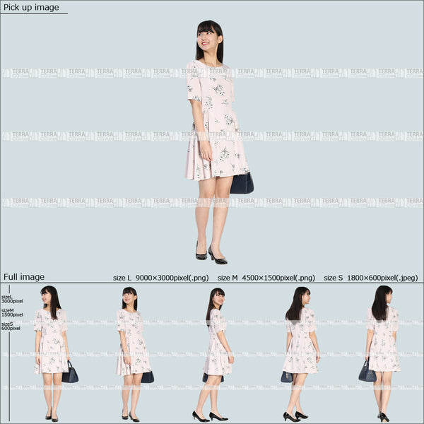 フリー人物切り抜き素材 Sサイズ無料 夏服 歩くカジュアル1女性D 5方向セット