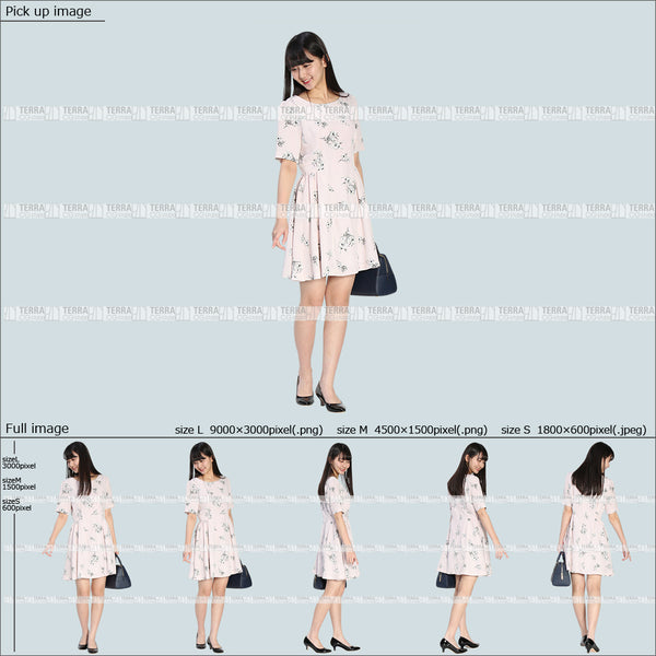 フリー人物切り抜き素材 Sサイズ無料 夏服 下 見る 見下ろす 歩くカジュアル1女性D 5方向セット