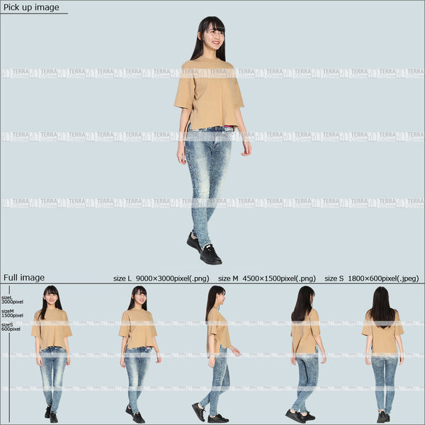 フリー人物切り抜き素材 Sサイズ無料 夏服 歩くカジュアル2女性D 5方向セット