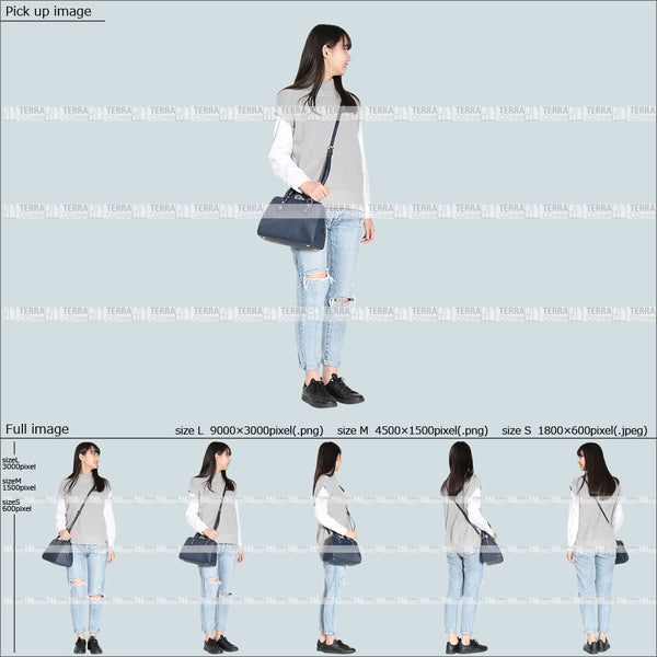 フリー人物切り抜き素材 Sサイズ無料 春服 立つ 立ち止まるカジュアル1女性D 5方向セット