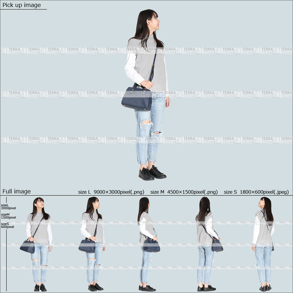 フリー人物切り抜き素材 Sサイズ無料 春服 上 見る 見上げる 立つ 立ち止まるカジュアル1女性D 5方向セット