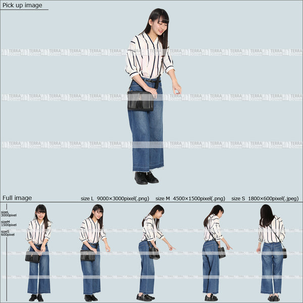 フリー人物切り抜き素材 Sサイズ無料 春服 下 見る 見下ろす 立つ 立ち止まるカジュアル2女性D 5方向セット
