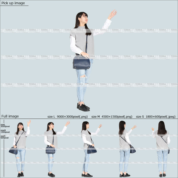 フリー人物切り抜き素材 Sサイズ無料 物を取る 上に手を伸ばすカジュアル1女性D 5方向セット