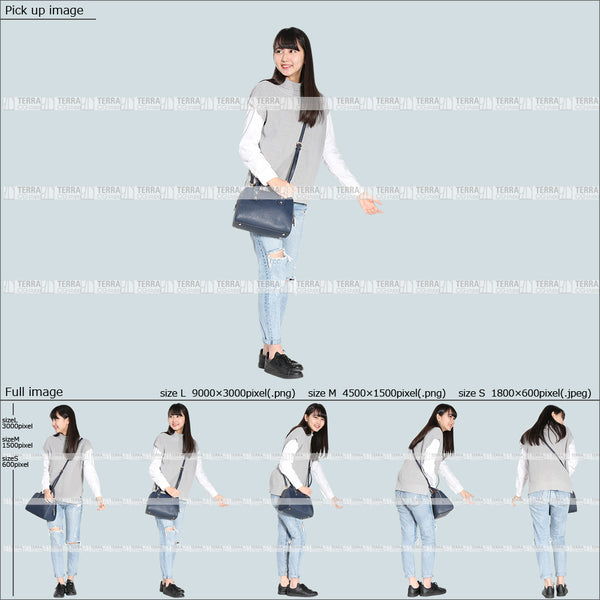 フリー人物切り抜き素材 Sサイズ無料 物を取る 下に手を伸ばすカジュアル1女性D 5方向セット