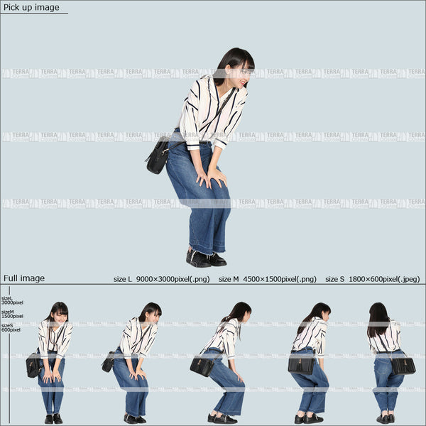 フリー人物切り抜き素材 Sサイズ無料 かがむ 下に手を伸ばすカジュアル1女性D 5方向セット