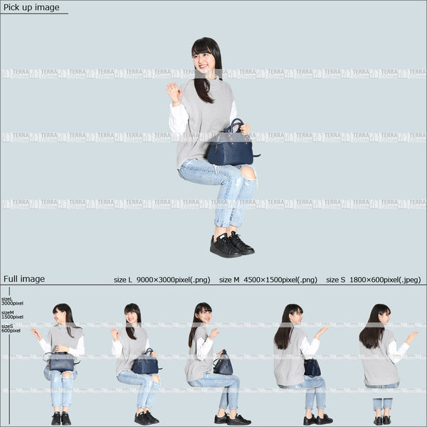 フリー人物切り抜き素材 Sサイズ無料 横 話す 座るカジュアル1女性D 5方向セット