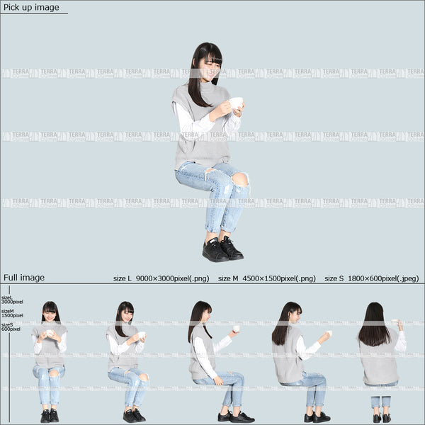 フリー人物切り抜き素材 Sサイズ無料 コーヒーを飲む 座るカジュアル1女性D 5方向セット