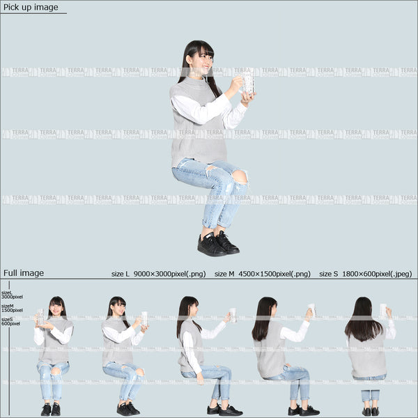 フリー人物切り抜き素材 Sサイズ無料 ジョッキ ビールを飲む 座るカジュアル1女性D 5方向セット
