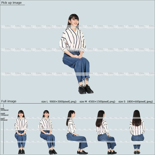 フリー人物切り抜き素材 Sサイズ無料 前 話す 座るカジュアル1女性D 5方向セット