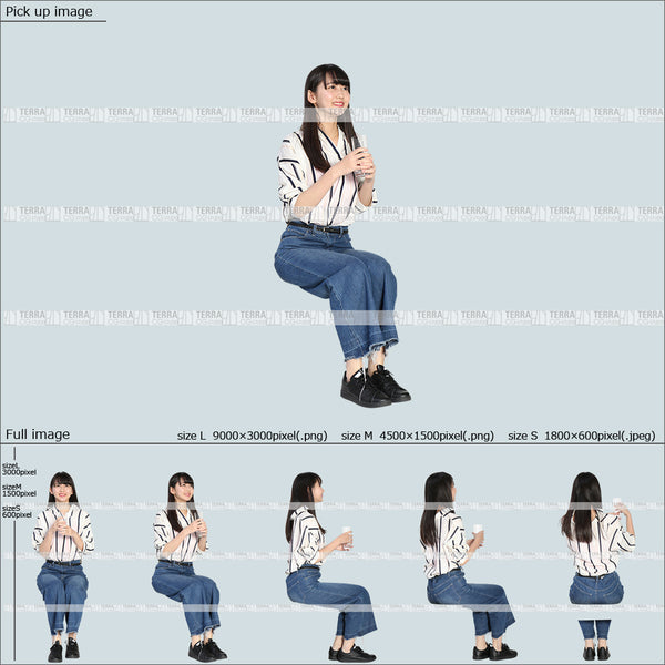フリー人物切り抜き素材 Sサイズ無料 グラス コップ ドリンクを飲む 座るカジュアル2女性D 5方向セット