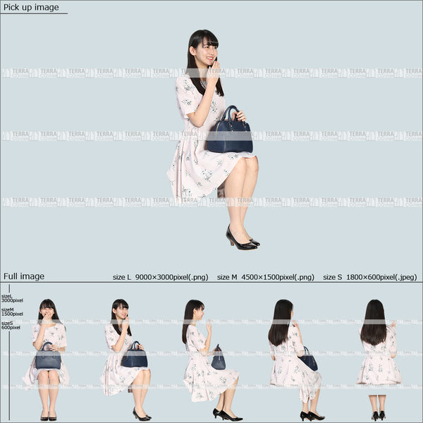 フリー人物切り抜き素材 Sサイズ無料 夏服 前 話す 座るカジュアル1女性D 5方向セット
