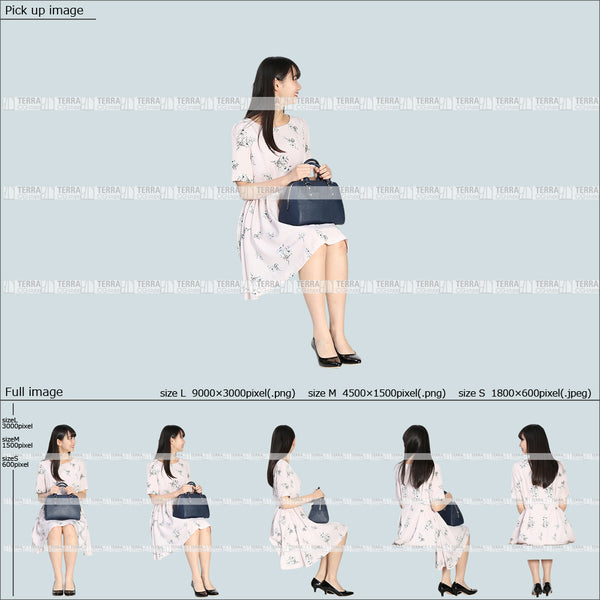 フリー人物切り抜き素材 Sサイズ無料 夏服 横 話す 座るカジュアル1女性D 5方向セット