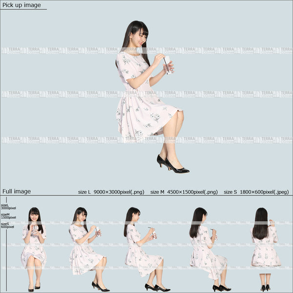 フリー人物切り抜き素材 Sサイズ無料 夏服 グラス コップ ドリンクを飲む 座るカジュアル1女性D 5方向セット