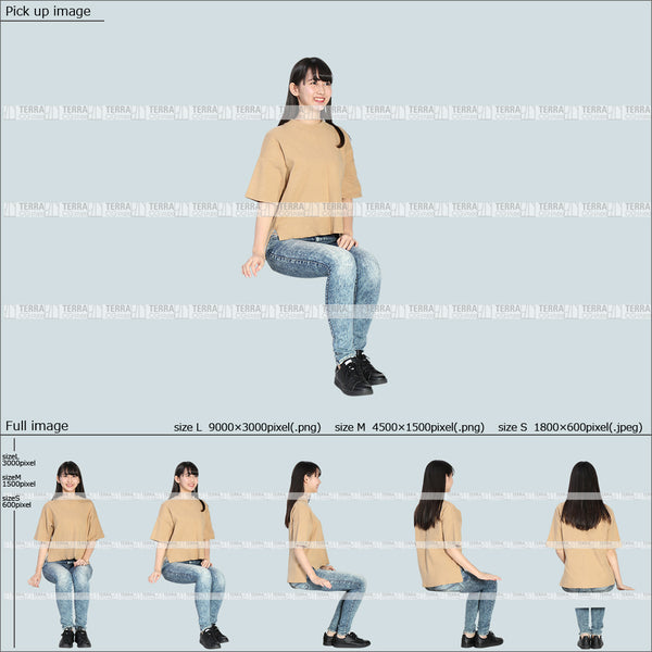 フリー人物切り抜き素材 Sサイズ無料 夏服 前 話す 座るカジュアル2女性D 5方向セット