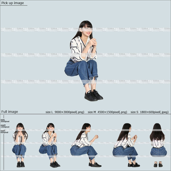 フリー人物切り抜き素材 Sサイズ無料 ローソファ 正面 見る 段差 階段 低い椅子 座るカジュアル2女性D 5方向セット