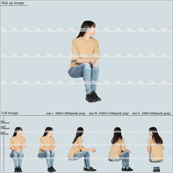 フリー人物切り抜き素材 Sサイズ無料 夏服 ローソファ 横 話す 段差 階段 低い椅子 座るカジュアル2女性D 5方向セット