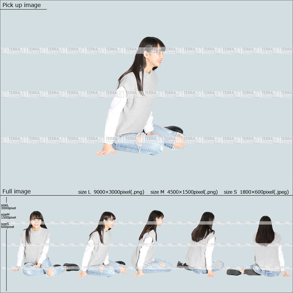 フリー人物切り抜き素材 無料お試し商品 地面 床に座るカジュアル1女性D 5方向セット