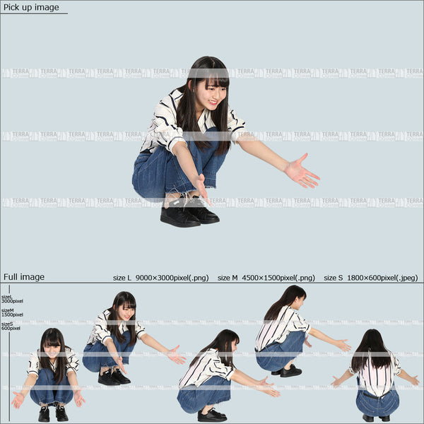 フリー人物切り抜き素材 Sサイズ無料 地面 しゃがむ 床に座るカジュアル2女性D 5方向セット