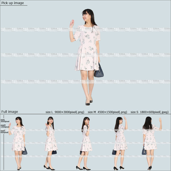 フリー人物切り抜き素材 Sサイズ無料 夏服 タクシーを停める 手を振る 手を上げるカジュアル1女性D 5方向セット