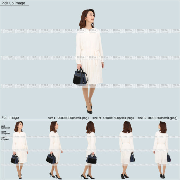 フリー人物切り抜き素材 Sサイズ無料 春服 上 見る 見上げる 歩くカジュアル1女性E 5方向セット