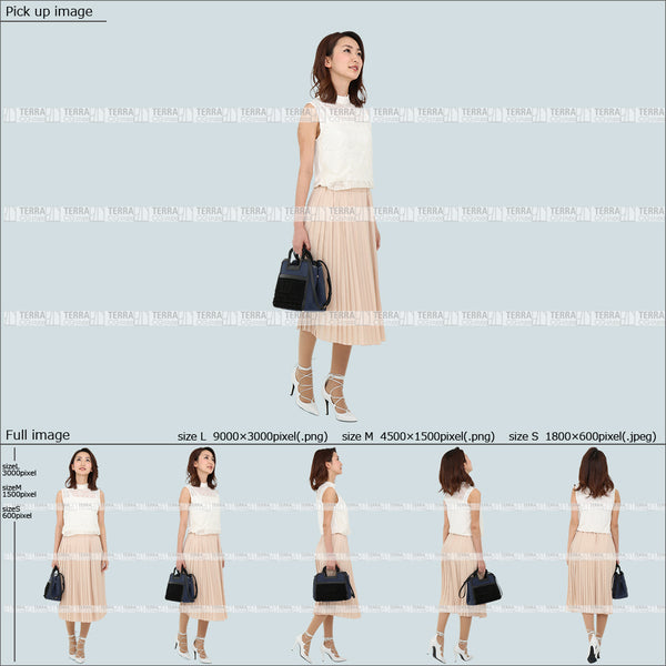 フリー人物切り抜き素材 Sサイズ無料 夏服 歩くカジュアル1女性E 5方向セット