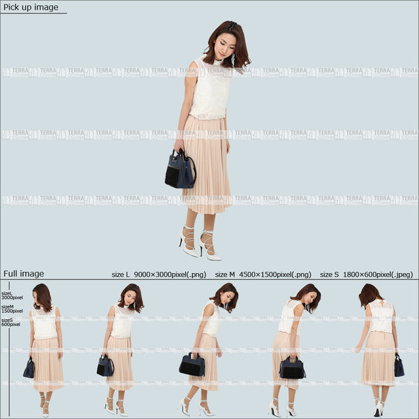 フリー人物切り抜き素材 Sサイズ無料 夏服 下 見る 見下ろす 歩くカジュアル1女性E 5方向セット