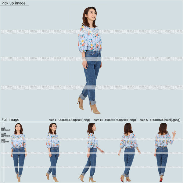フリー人物切り抜き素材 Sサイズ無料 夏服 歩くカジュアル2女性E 5方向セット