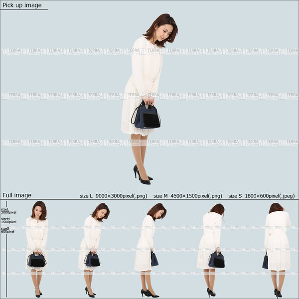 フリー人物切り抜き素材 Sサイズ無料 春服 下 見る 見下ろす 立つ 立ち止まるカジュアル1女性E 5方向セット