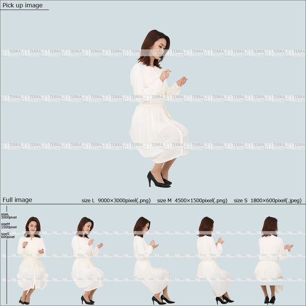 フリー人物切り抜き素材 Sサイズ無料 メニュー 手に持つ 座るカジュアル1女性E 5方向セット