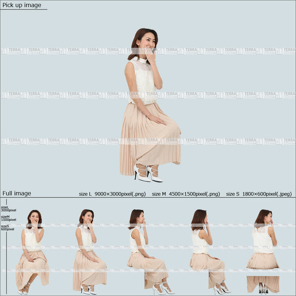 フリー人物切り抜き素材 Sサイズ無料 夏服 前 話す 座るカジュアル1女性D 5方向セット
