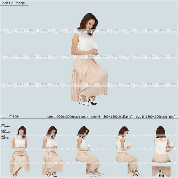 フリー人物切り抜き素材 Sサイズ無料 夏服 グラス コップ ドリンクを飲む 座るカジュアル1女性E 5方向セット