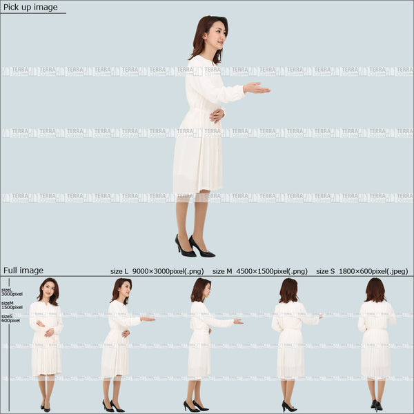 フリー人物切り抜き素材 Sサイズ無料 受付 正面 話す 立つ 案内するカジュアル1女性E 5方向セット