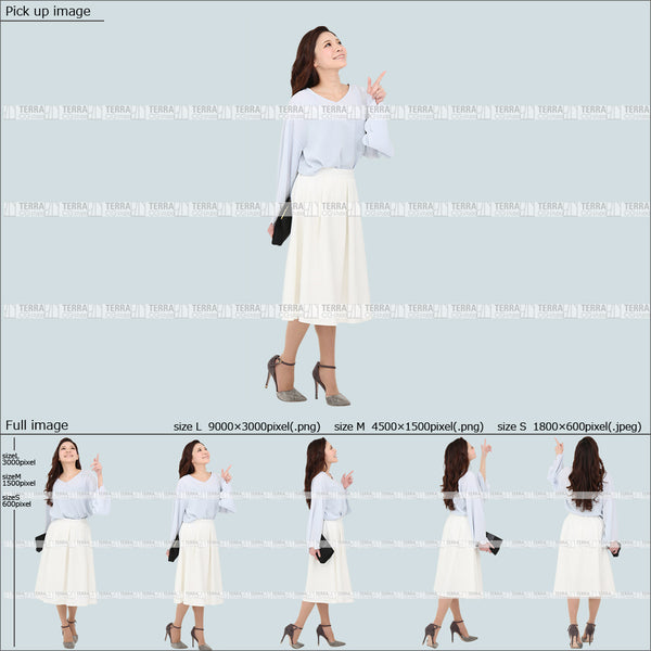 フリー人物切り抜き素材 Sサイズ無料 春服 上 見る 見上げる 歩くカジュアル1女性F 5方向セット