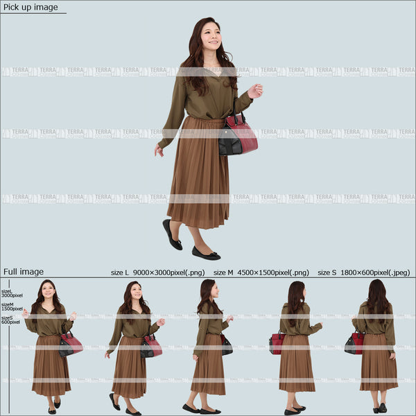 フリー人物切り抜き素材 Sサイズ無料 春服 歩くカジュアル2女性F 5方向セット