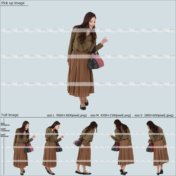 フリー人物切り抜き素材 Sサイズ無料 春服 下 見る 見下ろす 歩くカジュアル2女性F 5方向セット