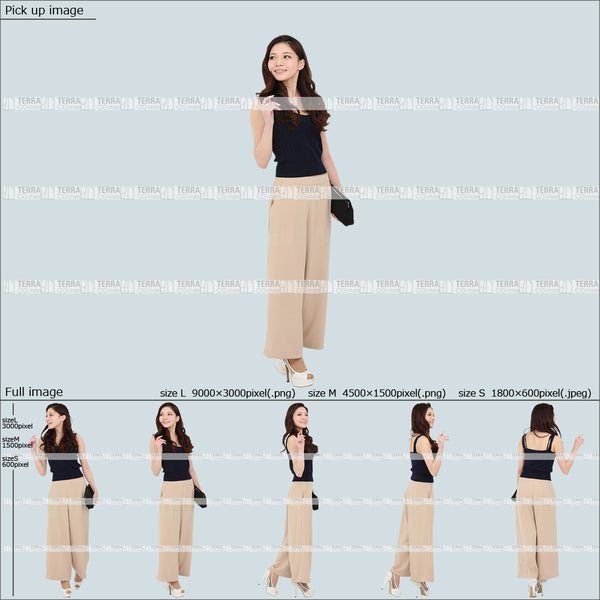 フリー人物切り抜き素材 Sサイズ無料 夏服 歩くカジュアル1女性F 5方向セット