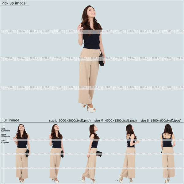 フリー人物切り抜き素材 Sサイズ無料 夏服 上 見る 見上げる 歩くカジュアル1女性F 5方向セット