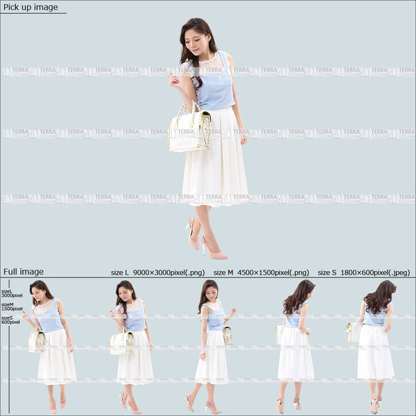 フリー人物切り抜き素材 Sサイズ無料 夏服 下 見る 見下ろす 歩くカジュアル2女性F 5方向セット