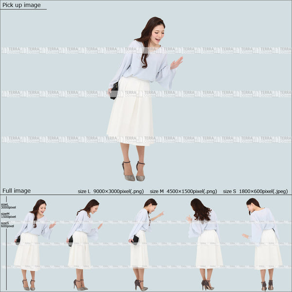 フリー人物切り抜き素材 Sサイズ無料 春服 下 見る 見下ろす 立つ 立ち止まるカジュアル1女性F 5方向セット