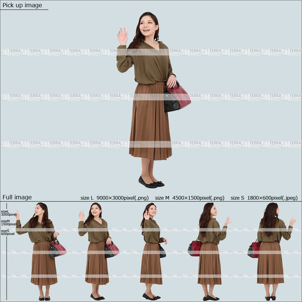 フリー人物切り抜き素材 Sサイズ無料 春服 立つ 立ち止まるカジュアル2女性F 5方向セット