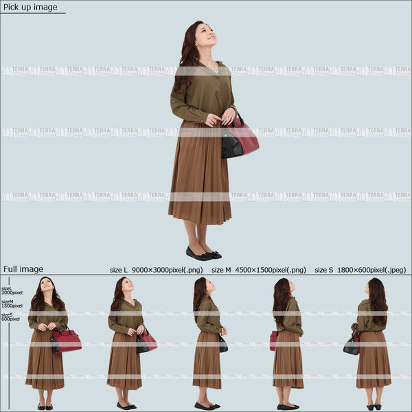 フリー人物切り抜き素材 Sサイズ無料 春服 上 見る 見上げる 立つ 立ち止まるカジュアル1女性F 5方向セット