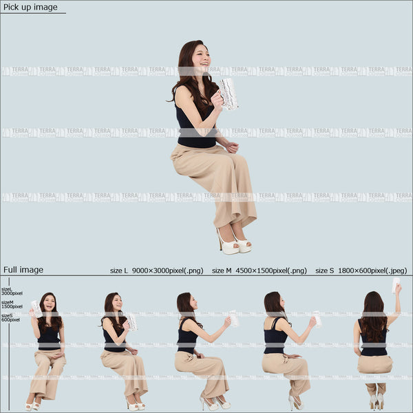 フリー人物切り抜き素材 Sサイズ無料 夏服 ジョッキ ビールを飲む 座るカジュアル1女性F 5方向セット