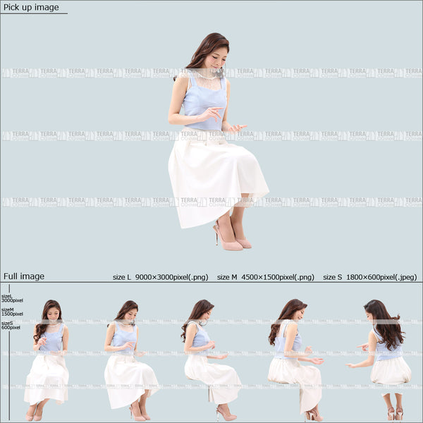 フリー人物切り抜き素材 Sサイズ無料 夏服 メニュー 手に持つ 座るカジュアル2女性F 5方向セット