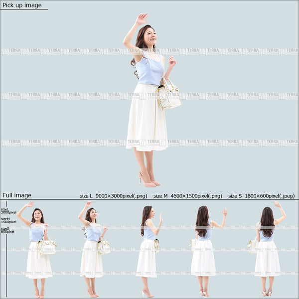 フリー人物切り抜き素材 Sサイズ無料 夏服 タクシーを停める 手を振る 手を上げるカジュアル2女性F 5方向セット
