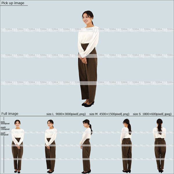 フリー人物切り抜き素材 Sサイズ無料 受付 接客 立つ 立ち止まるオフィスカジュアル女性3 5方向セット