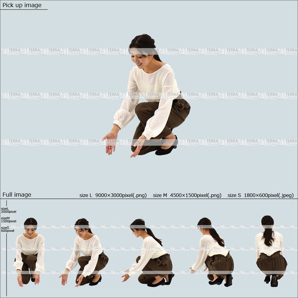 フリー人物切り抜き素材 Sサイズ無料 動物 なでる 拾う しゃがむオフィスカジュアル女性3 5方向セット