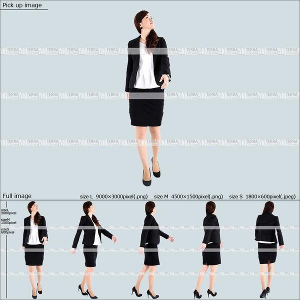 フリー人物切り抜き素材 Sサイズ無料 歩くスーツ1女性B 5方向セット