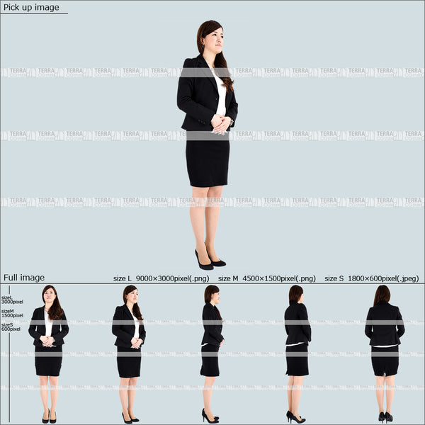 フリー人物切り抜き素材 Sサイズ無料 受付 接客 立つ 立ち止まるスーツ1女性B 5方向セット