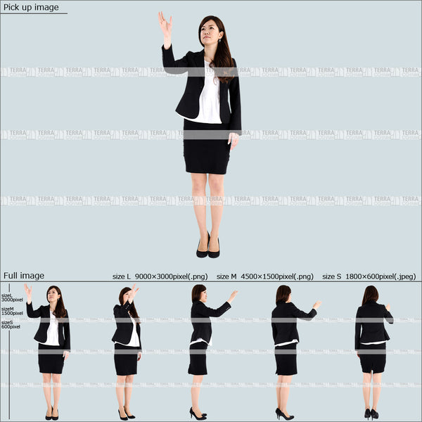 フリー人物切り抜き素材 Sサイズ無料 上に手を伸ばすスーツ1女性B 5方向セット