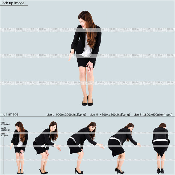 フリー人物切り抜き素材 Sサイズ無料 受付 接客 中に手を伸ばすスーツ1女性B 5方向セット
